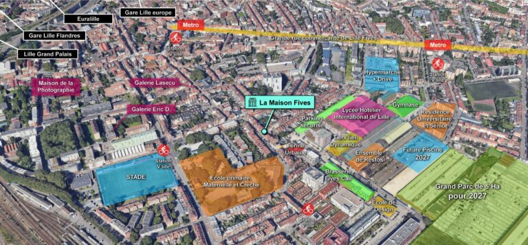 La Maison Fives et le quartier Fives Cail Carte du quartier Fives Cail à Lille situant La Maison Fives, le lycée hôtelier, la brasserie, les galeries, le métro et les stations V’Lille.