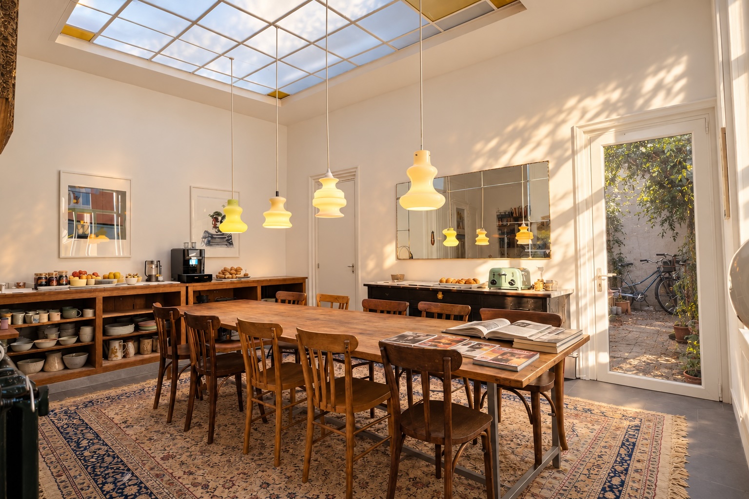 La salle commune lumineuse de La Maison Fives, avec sa grande table en bois